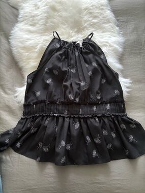 Joie Black Halter Top with Silver Floral Print